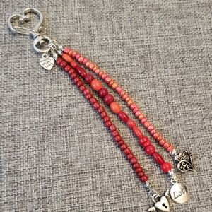 Silver Heart Charm Red Orange Beaded Bag Charm